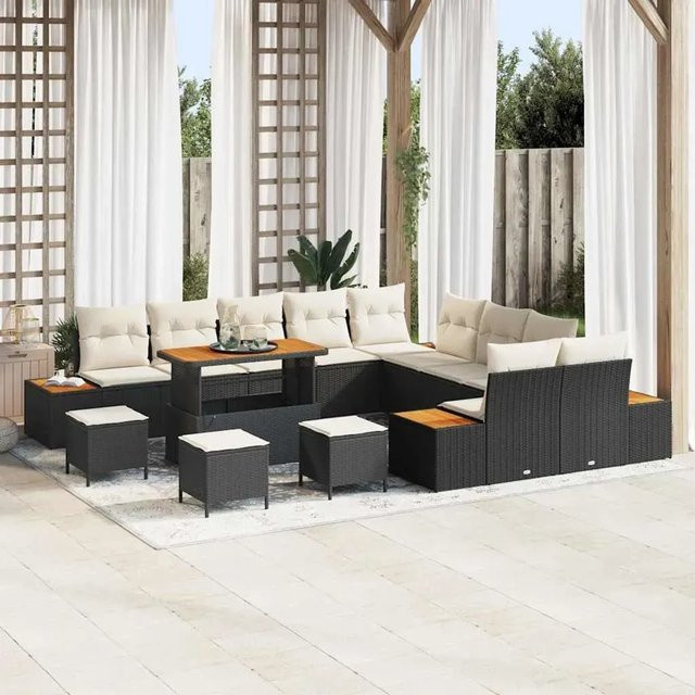 vidaXL Garten-Sofa-Set aus Poly Rattan in Schwarz mit 14-teiligem Set und Kissen in Schwarz-Creme - Bild 1