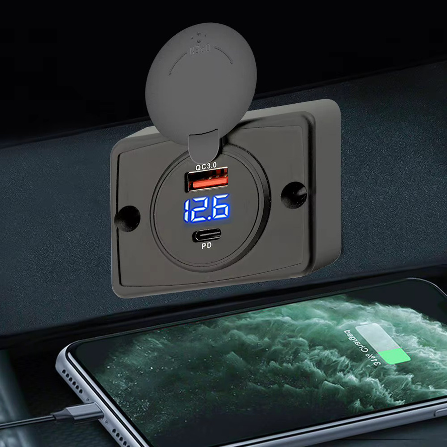 Kebidumei Dual USB Ladegerät Adapter mit PD und QC3.0 USB-C Steckdose für Auto, Motorrad und Boot, Schwarz - Bild 4