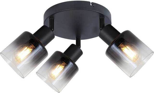 Pocoline Spotrondell Arthur 3-flgige Deckenleuchte aus Metall und Rauchglas in Schwarz, H: 18 cm, B: 43 cm, E14 Fassung - Bild 1