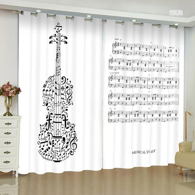 Verdunklungsvorhang mit Klaviertasten-Motiv in Weiß, 2er-Set mit Rod Pocket, Höhe: 130 cm, Breite: 100 cm - Bild 1