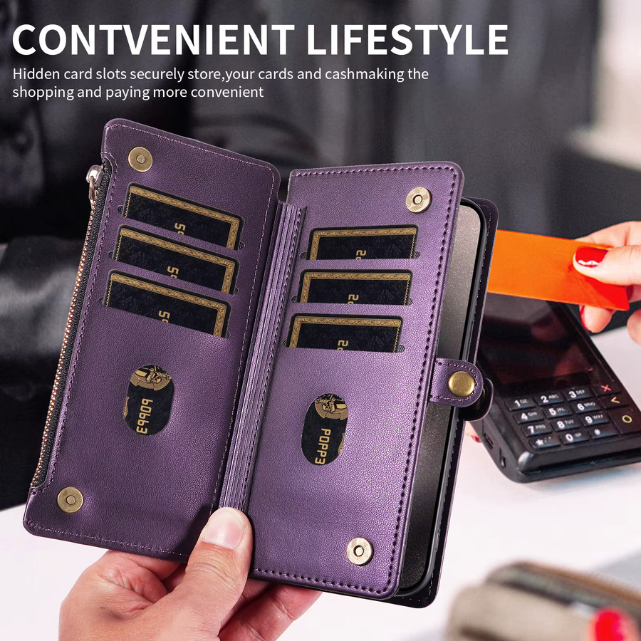 Xiaomi Flip-Cover Schutzhülle für Redmi Note 8/9/10/11/12/13/14/15 Pro in Lila mit Kartenfächern, Geldbörse, Münzfach mit Reißverschluss, Umhängegurt und Ständer aus Kunstleder - Bild 4