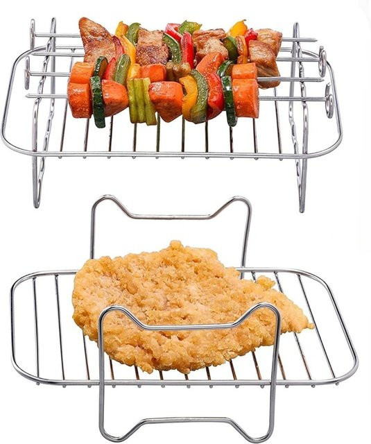 FEB.WIND Edelstahl Air Fryer Backrost Set, Stapelbares Grill Mesh Pan und Mehrzweck Spieß Rack Zubehör für Heißluftfritteusen, Silber - Bild 1