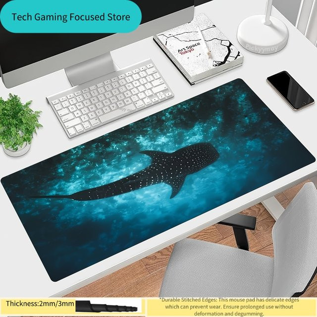 Potdemiel Mausmatte mit Walhai-Motiv in Blau, rutschfeste Gummibasis und genähter Rand, waschbar für Büro und Gaming - Bild 1