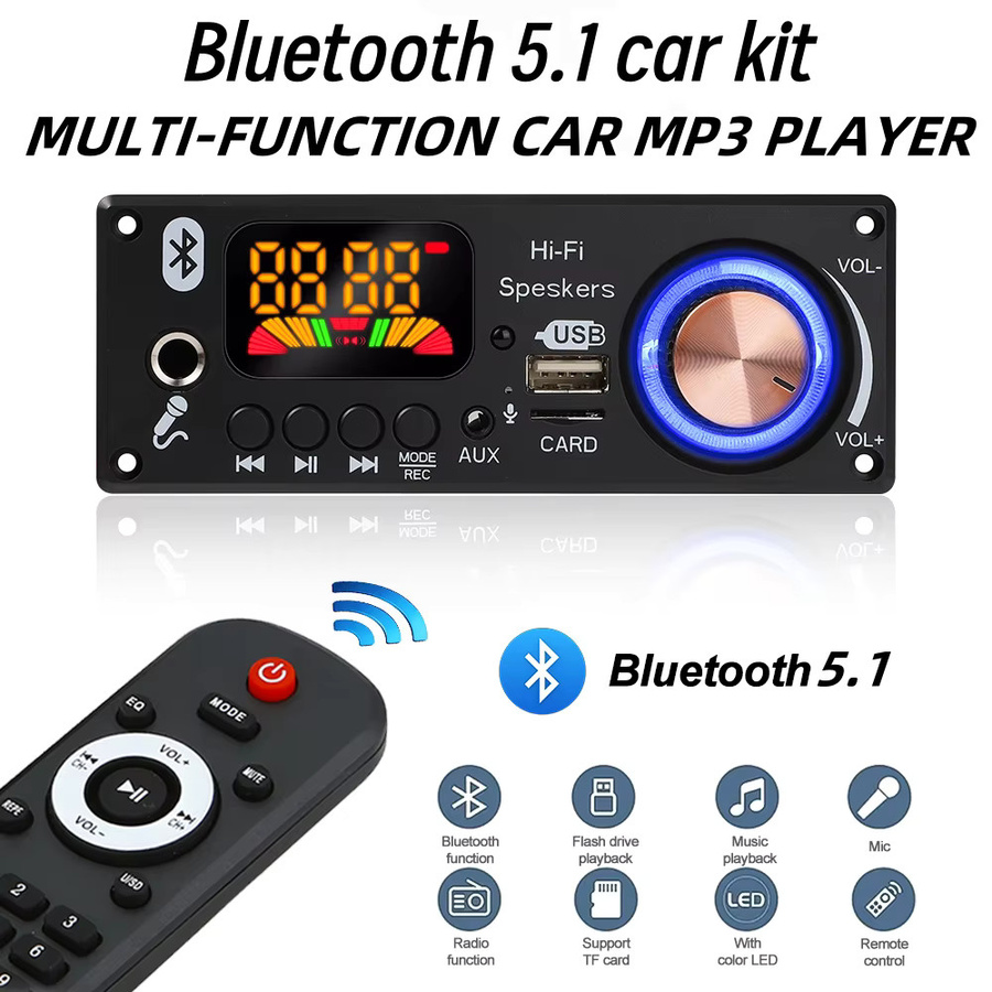 Kebidu Bluetooth 5.1 MP3 Decoder Board mit Freisprecheinrichtung, USB, TF, FM und 6,5mm Mikrofon Anschluss, Schwarz - Bild 2