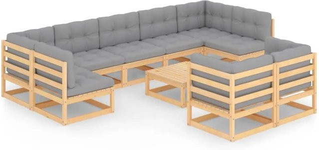 vidaXL 10-tlg Garten-Lounge-Set Modell 1 aus massivem Kiefernholz in U-Form mit grauen Polstern - Bild 1