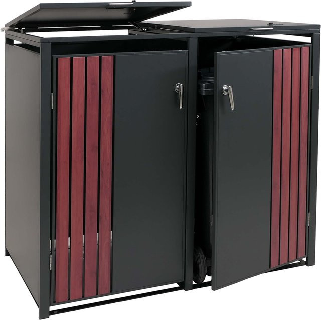 MCW 2er-Mülltonnenverkleidung O67 Mülltonnenbox mit Deckel aus Metall in Anthrazit Holzoptik Dunkel, B/T/H: 122 x 132 x 84 cm - Bild 1
