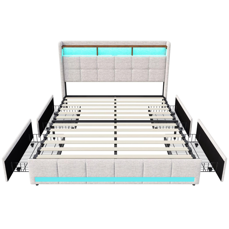 WoodenAura Doppelbett mit 4 Schubladen und LED-Beleuchtung sowie USB-Anschluss, gepolstertes Stauraumbett in Beige, B/T/H: 180 x 200 cm - Bild 5