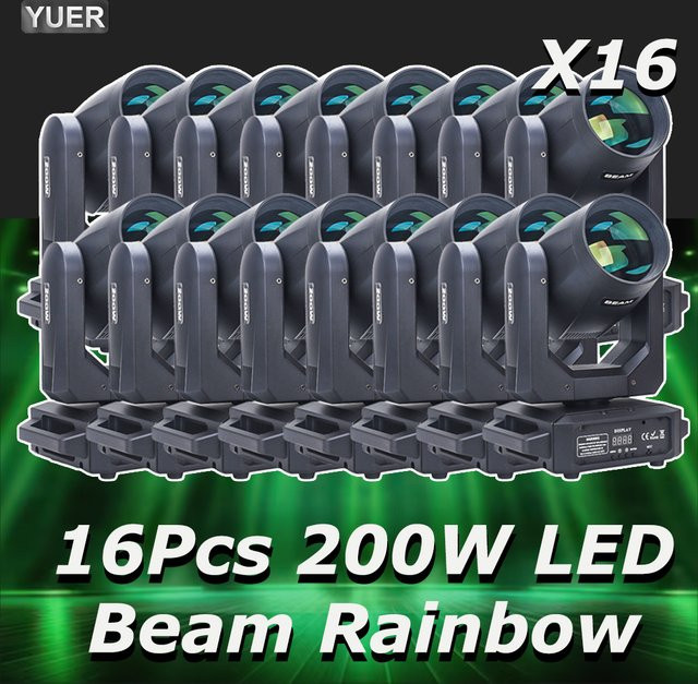 Yuer 16er Set LED Moving Head Beam Spot 200W mit rotierenden Prismen und Regenbogeneffekt in Schwarz für DJ, Disco und Bühne - Bild 1