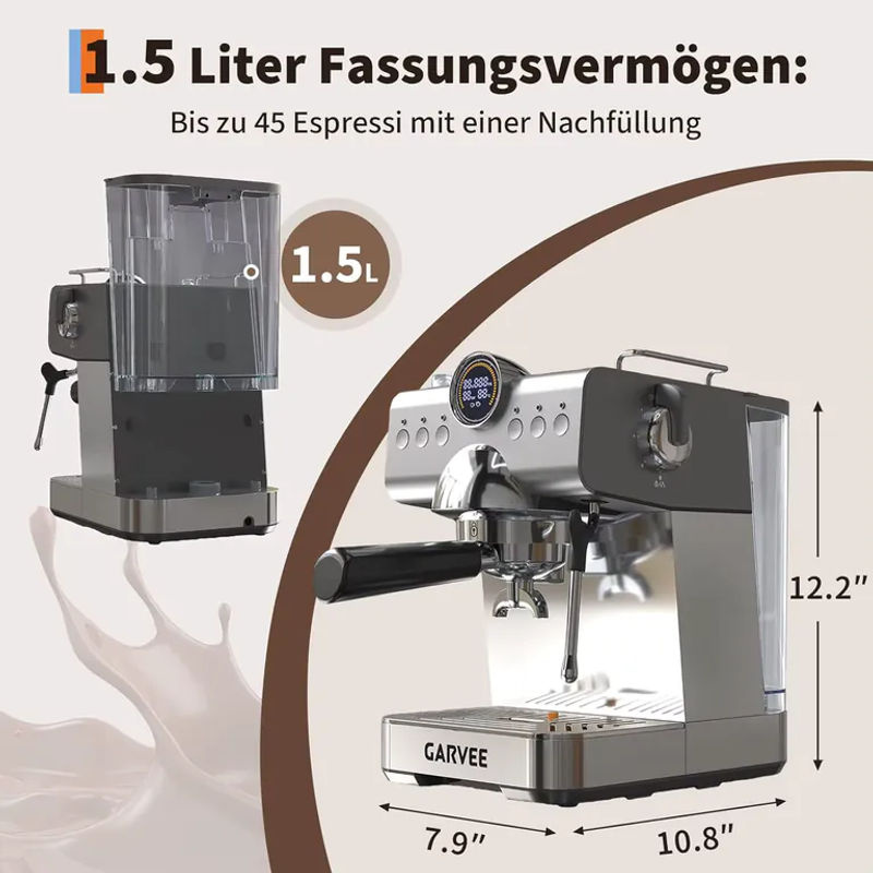 Acekool Espressomaschine mit 20 Bar Druck, 1200W Kaffeemaschine mit Thermoblock, Milchaufschäumer und 1,5 l Wassertank, Silber/Edelstahl - Bild 5