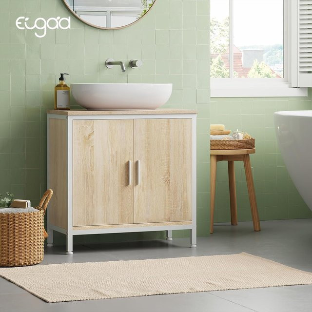 Eugad Waschtischunterschrank Badezimmerschrank aus Holz mit höhenverstellbarem Trennfach, Weiß/Eiche, B/T/H: 60 x 60 x 30 cm - Bild 1