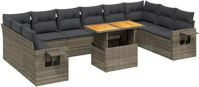 vidaXL 11-tlg. Garten-Sofagarnitur in L-Form aus Polyrattan und Akazienholz mit Kissen in Grau - Bild 1