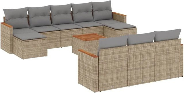vidaXL 11-tlg. Garten-Sofagarnitur in U-Form aus Poly-Rattan und Akazienholz mit beigen Kissen, Beige - Bild 1