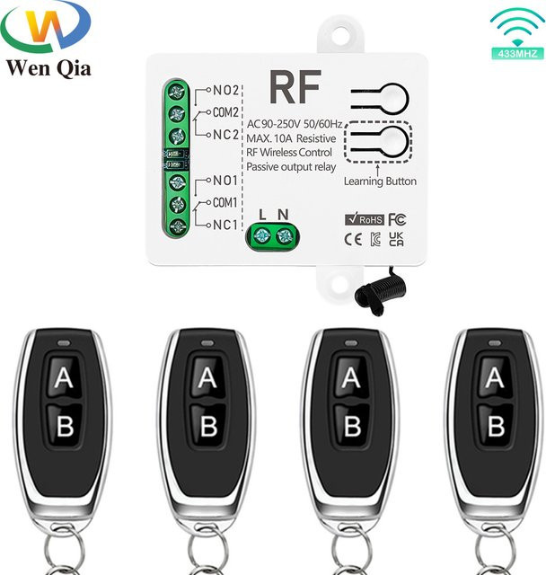 WenQia RF 433MHz Drahtloser Fernbedienungsschalter 2-Kanal Relais-Empfänger für AC110V 220V bis 2300W zur Steuerung von Motoren, Beleuchtung und Garagentoren - Bild 1