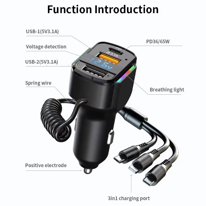 3-in-1 65W Schnelllade Auto Ladegerät mit PD Dual USB Ports in Schwarz für DC12V-24V - Bild 3