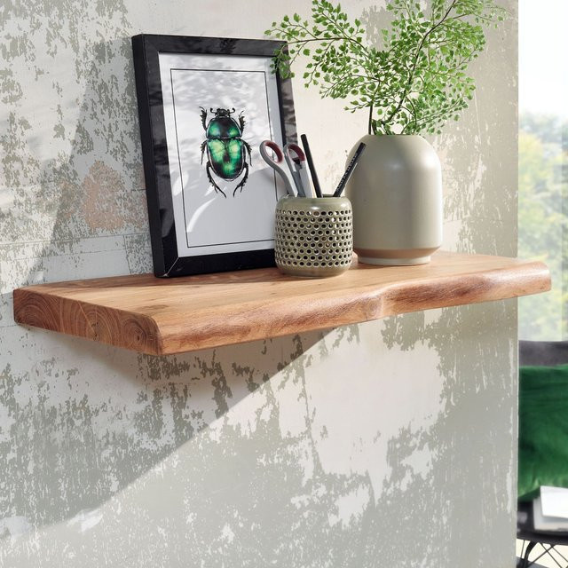 KADIMA DESIGN Hängeregal aus Massivholz Akazie im Landhausstil mit Baumkante, Farbe: Braun, B/T/H: 60 x 26 x 4 cm - Bild 1