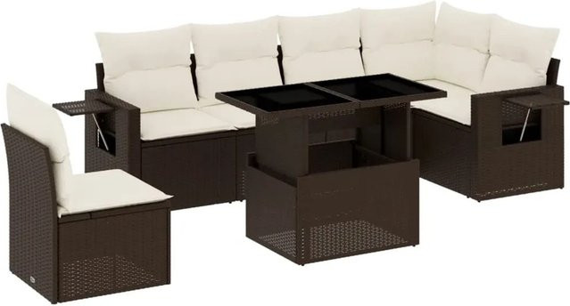 vidaXL 7-tlg Garten-Sofagarnitur in L-Form aus braunem Poly-Rattan mit UV-beständigen Kissen und Metallrahmen - Bild 1