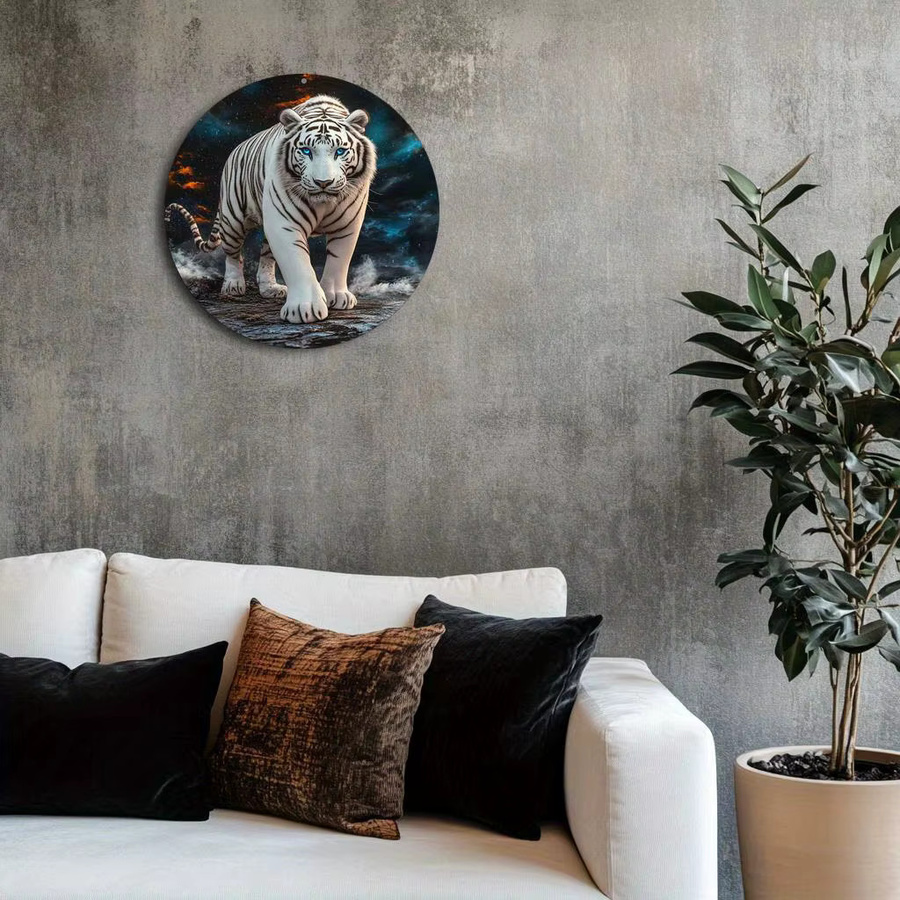 Potdemiel Wandkunstschild Weißes Tiger aus Aluminium in runder Form im klassischen Stil - Bild 5