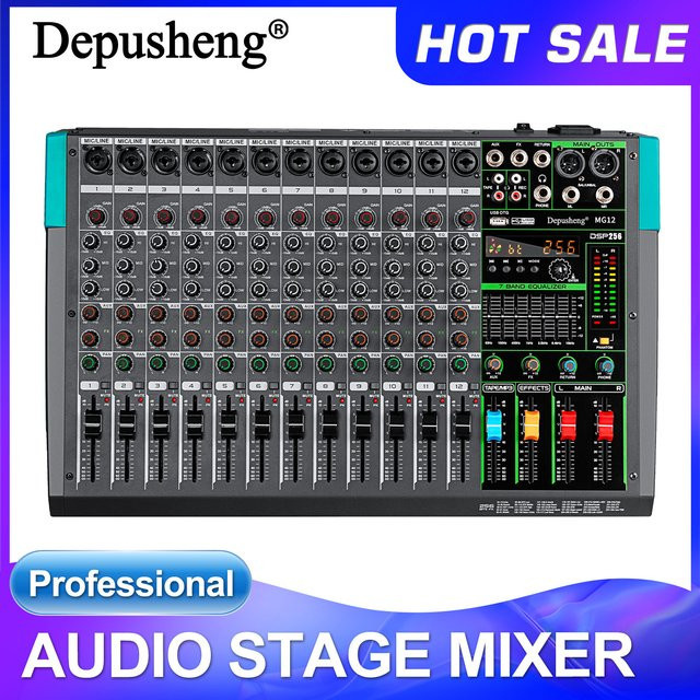 Depusheng MG12 Professioneller 12-Kanal Audio-Mixer mit integriertem 256-Reverb-Effekt in Schwarz - Bild 1