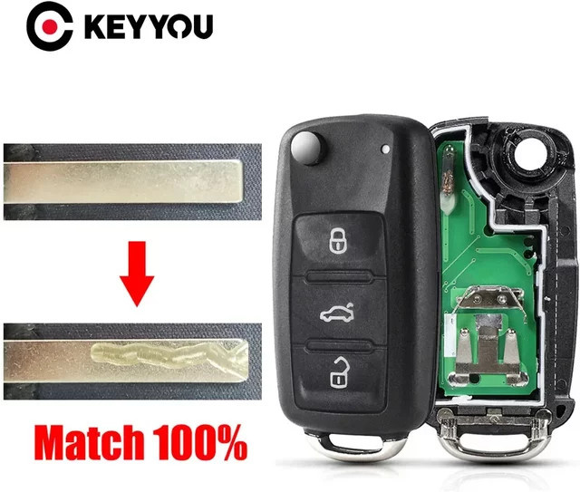 KEYYOU Auto Fernbedienung Schlüssel mit Schneiden Service 434MHz ID48 für VW Volkswagen Caddy Eos Golf Jetta Polo Touran Passat in Schwarz - Bild 1