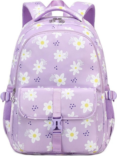 Schulrucksack für Mädchen von Fancy Style Studio in Lila mit Federtasche und Blumenmuster aus Nylon - Bild 1