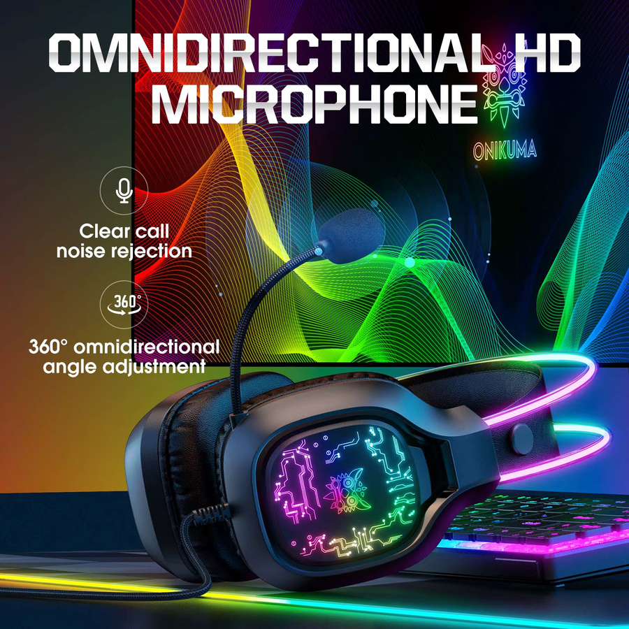 Onikuma X22 Gaming Headset mit RGB-Beleuchtung und flexiblem Mikrofon in Schwarz für Xbox, PS5 und PC - Bild 4
