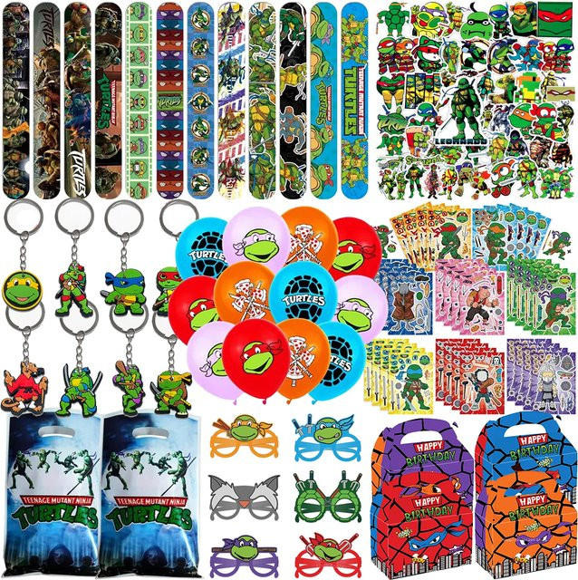 Potdemiel Cartoon-Schildkröten Partyzubehör Set mit Ninja-Aufklebern, Geschenktüten, Schlüsselanhängern und Luftballons in Mehrfarbig für Kindergeburtstage und Karneval - Bild 1