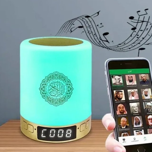 VIKEFON Tragbarer Bluetooth Lautsprecher mit Azan Muslimischer Nachtlichtlampe und Uhr in Gold/Messing - Bild 1