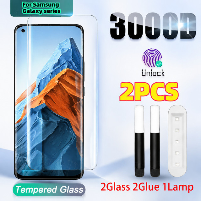 2 Stück Samsung Galaxy S25 S24 S23 S22 S21 S20 Ultra Plus Schutzfolie aus gehärtetem Glas mit UV-Flüssigkleber, transparent, kratzfest und anti-fingerabdruck - Bild 1