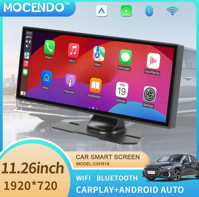 MOCENDO Tragbarer 11,26 Zoll Auto-Videoplayer mit Wireless CarPlay, Android Auto Spiegelverbindung und Bluetooth FM in Schwarz - Bild 1