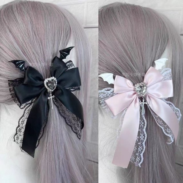Haarspange Spitze Rand Schleife, Schwarz Rosa, Teufelsflügel - Bild 1