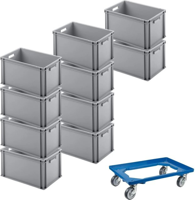 PROREGAL SparSet mit 10 Eurobehältern mit offenem Griff und 1 Transportroller, Blau, H x B x T: 32 x 40 x 60 cm - Bild 1