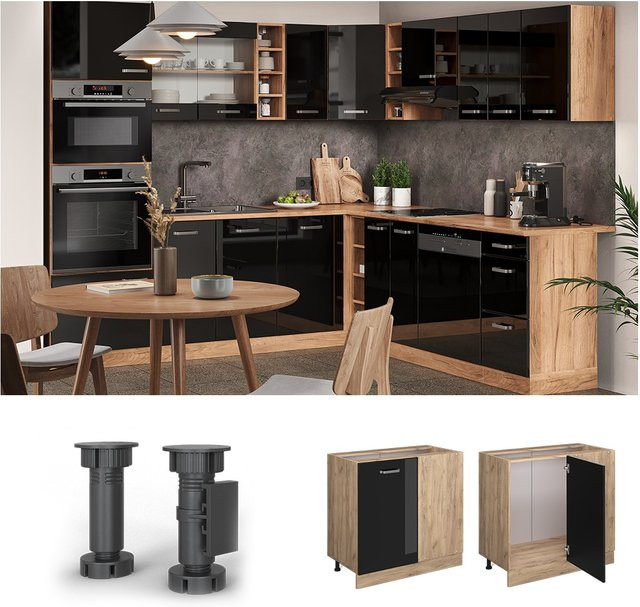 Vicco Eckunterschrank R-Line Küchenschrank in Schwarz und Eiche mit Goldakzenten, Breite: 86 cm - Bild 1