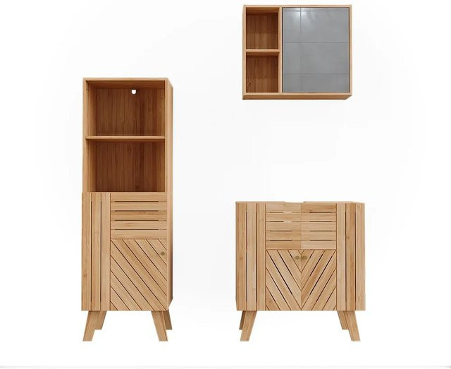 Vicco Badmöbel-Set Lucie Bambus in Beige, 3-teilig bestehend aus Waschtischunterschrank, Spiegelschrank und Mittelschrank - Bild 1