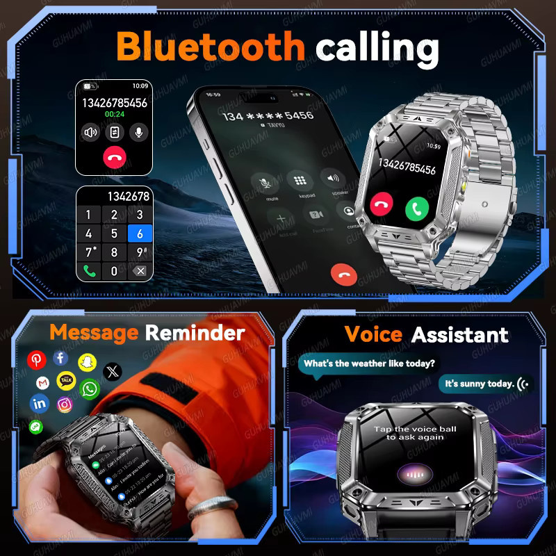 GUHUAVMI Outdoor Sport Smartwatch mit 1400 mAh Akku, 5ATM Wasserdichtigkeit, Bluetooth Anruffunktion, Taschenlampe und Gesundheitsmonitor in Grau und Orange - Bild 6