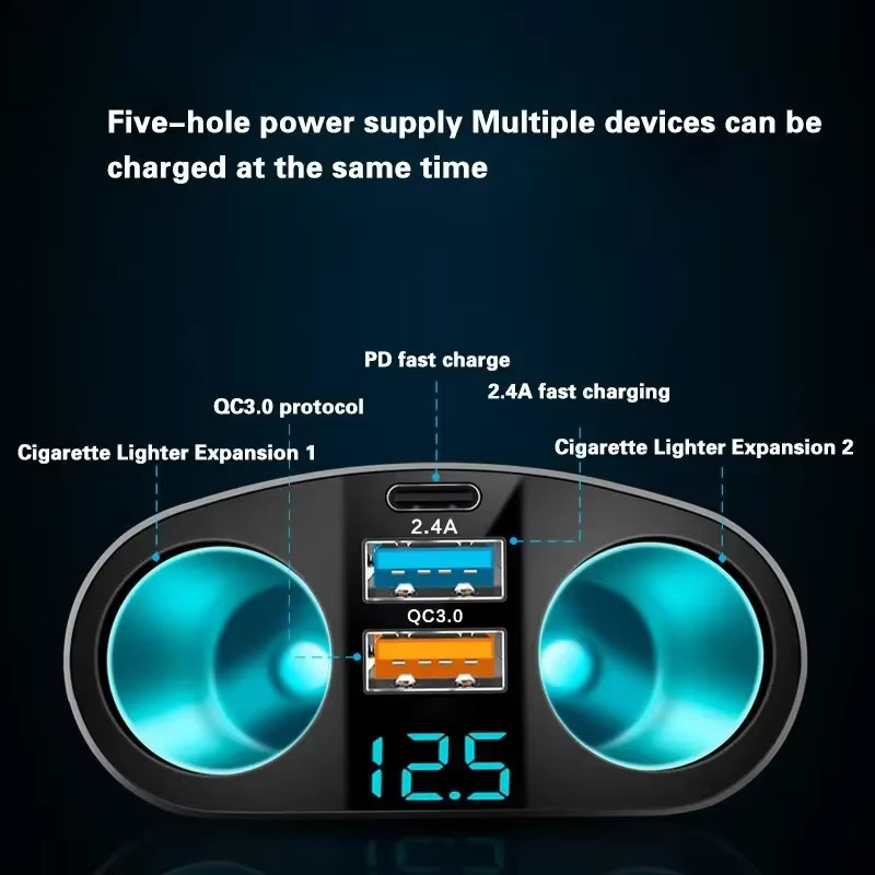 Auto-Schnellladegerät Adapter mit Digital-Display und USB-C, 120-240W PD QC3.0, Schwarz - Bild 3
