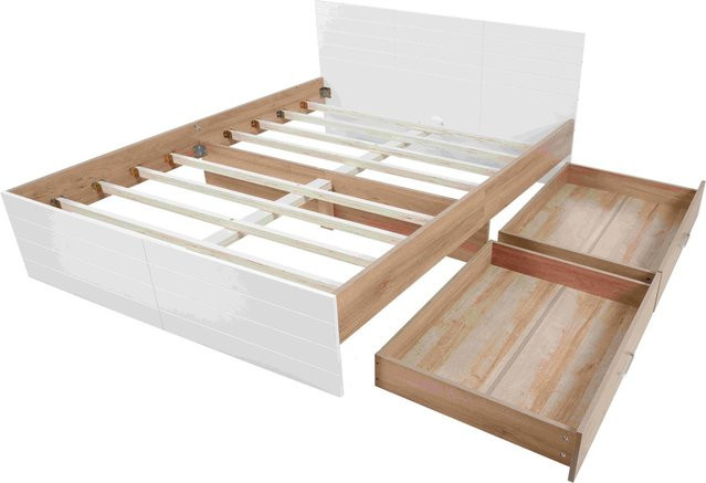 okwish Holzbett mit 2 Schubladen in Eiche Weiß und Braun, Modernes Schlafzimmerbett ohne Matratze, B/T/H: 180 x 200 x 80 cm - Bild 1