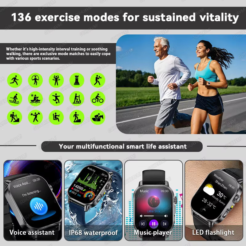 GUHUAVMI Smartwatch für Herren in Schwarz mit 2,0 Zoll HD-AMOLED-Bildschirm, EKG- und PPG-Messung, Harnsäure- und Blutfettmessung sowie Anruf- und Sporttracking - Bild 6