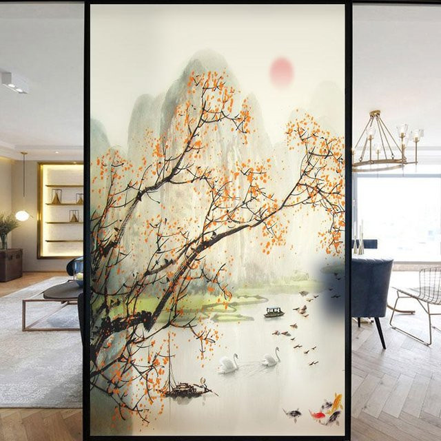 Cozy Cottage-Relax Fensterfolie mit Bambusmuster im chinesischen Stil als Sichtschutz für Wohnzimmer und Küche, statisch haftende Milchglasfolie, weiß/mehrfarbig, B: 45 cm, H: 90 cm - Bild 1
