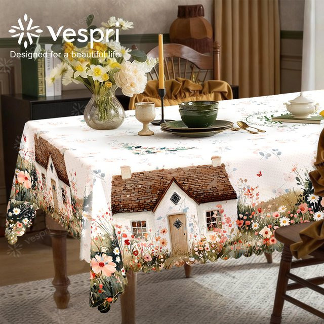Vespri Tischdecke Rund mit Blumenmuster und Schmetterlingen in Pastellfarben aus Polyester für Frühling, Ostern, Hochzeiten und Partys - Bild 1