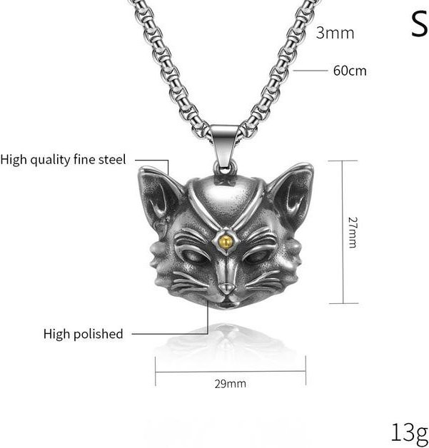 Wucifang Jewelry Katzenkopf-Halskette, Edelstahl, Schwarz, 60cm, Herren - Bild 1