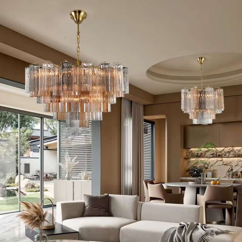 Addis Großer Kronleuchter aus rundem Murano-Glas in Gold für Wohnzimmer, Esszimmer und Schlafzimmer - Bild 1