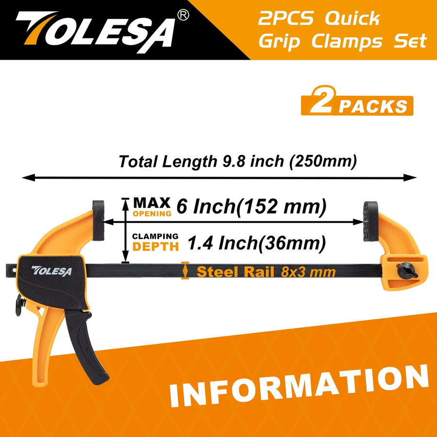 TOLESA Stangenklemmen für die Holzbearbeitung Set, 2 Stück Einhandklemmen und Spreizer, F-Klemmen mit Schnellwechselfunktion, Orange - Bild 2