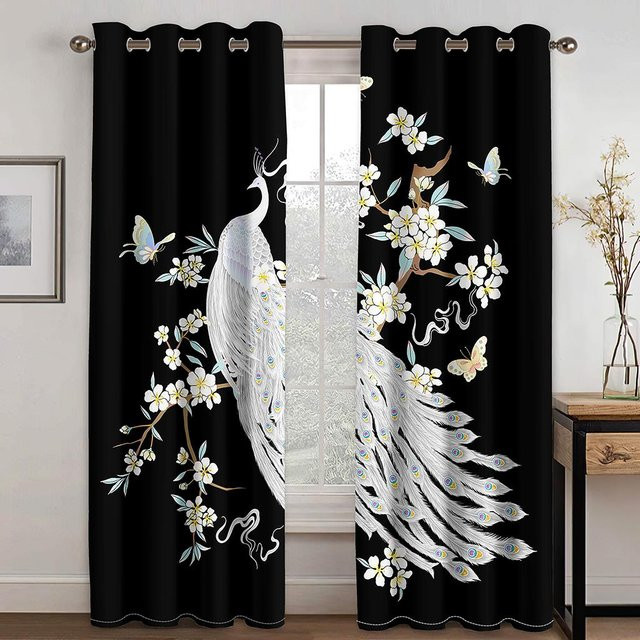 Yiran Furniture Luxuriöse Fenstervorhänge mit Vintage-Pfauenfeder und Blumen-Print, 2er-Set, Schwarz, B: 60 cm, H: 60 cm - Bild 1