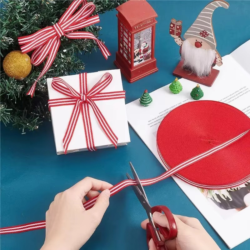 Gestreiftes Ripsband aus Polyester in Rot-Weiß für Geschenkverpackungen und Weihnachtsdekoration, 50 Yards, Breite: 0,95 cm - Bild 3