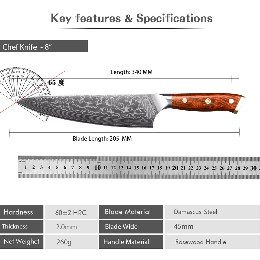 Baovim Santoku-Kochmesser aus geschmiedetem Damaststahl und Edelstahl mit Palisandergriff in Silber und Braun - Bild 6