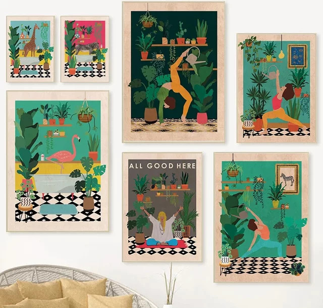 Potdemiel Wandkunst Leinwand Poster mit Yoga Frau, Giraffe, Zebra und Pflanzen im minimalistischen Nordic Stil, Mehrfarbig - Bild 1
