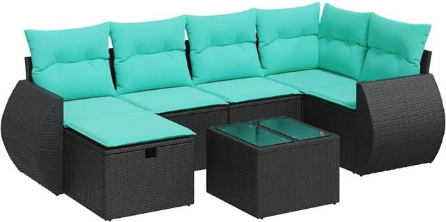 vidaXL 7-teilige Garten-Sofagarnitur aus Poly-Rattan in Schwarz mit Polsterkissen und Couchtisch - Bild 1