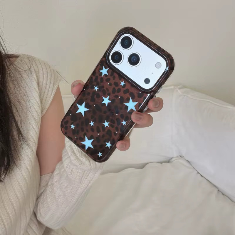 Braune Anti-Fall-Handyhülle mit Leopardenmuster und blauen Sternen für iPhone 17 17Pro 17Promax 16 16Pro 16Promax 15 15Promax 14 14Pro 13 - Bild 3