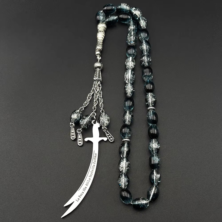 JYTF Halskette Zulfiqar Schwert-Anhänger, Edelstahl, Silber, Glas-Gebetsperlen, Unisex - Bild 3