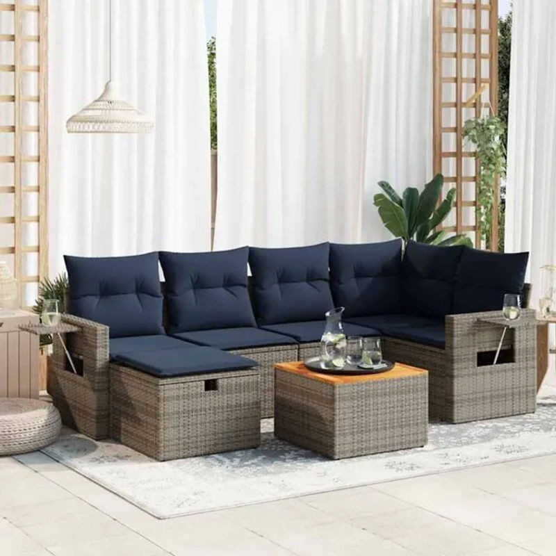 7-teilige moderne Garten-Sofagarnitur aus Poly-Rattan mit Kissen in Grau von vidaxl - Bild 1